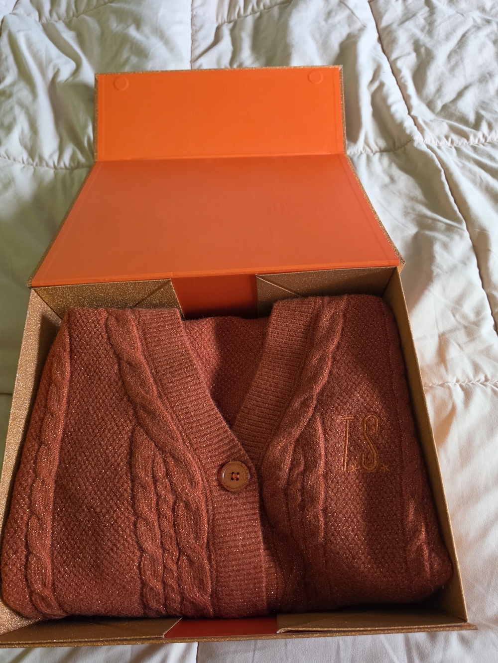 Taylor Swift Rust Orange Cable Knit Cardigan Sweater